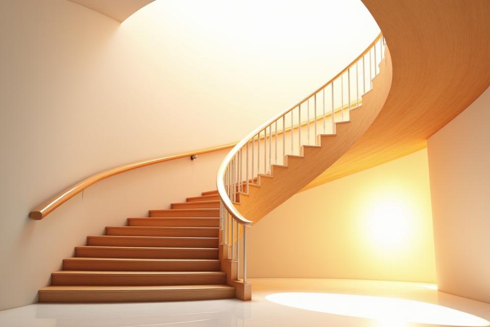 Elegant curved wooden staircase with intricate banister in a grand foyer, geometric overlay highlighting the curves